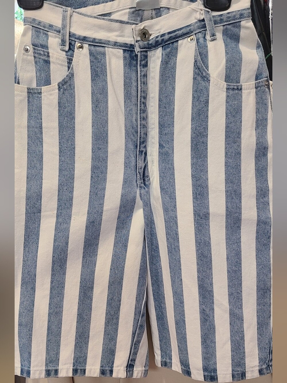 1980's Striped Blue and White Womens Denim Jeans Shorts